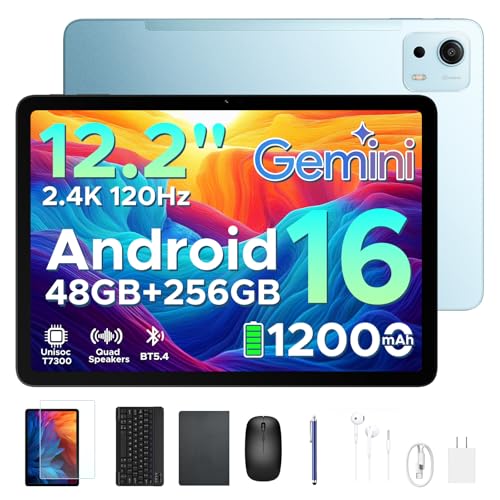BIRDCLAW P12 Plus 12 Inch Tablet Android 16, 12000mAh/18W, T7300 Octa-core, 2.4K 120Hz, 48GB RAM+256GB ROM/2TB TF, 5G WiFi, 8MP+13MP, Gemini AI, Face ID, OTG, Tablet with Keyboard and Pen Blue