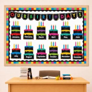 Birthday Bulletin Board Sets Blackboard Birthday Cake Decorations Classroom Monthly B-Day Cake Pocket Chart Calendar Cutout for Classroom Chalkboard Door Wall Decor Back to School Supplies