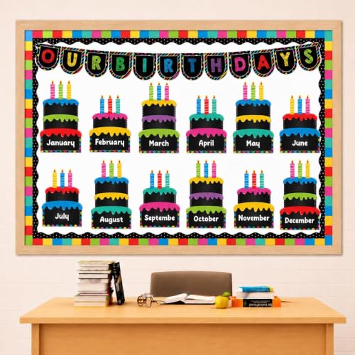 Birthday Bulletin Board Sets Blackboard Birthday Cake Decorations Classroom Monthly B-Day Cake Pocket Chart Calendar Cutout for Classroom Chalkboard Door Wall Decor Back to School Supplies