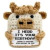 Birthday Gifts for Women Friends Family Coworker Teens, Handmade Crochet Highland Cow with Funny Celebration Card Inspirational Pocket Gifts, Cute Desk Ornament for Birthday Party Present