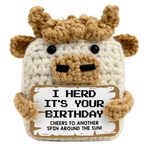 Birthday Gifts for Women Friends Family Coworker Teens, Handmade Crochet Highland Cow with Funny Celebration Card Inspirational Pocket Gifts, Cute Desk Ornament for Birthday Party Present