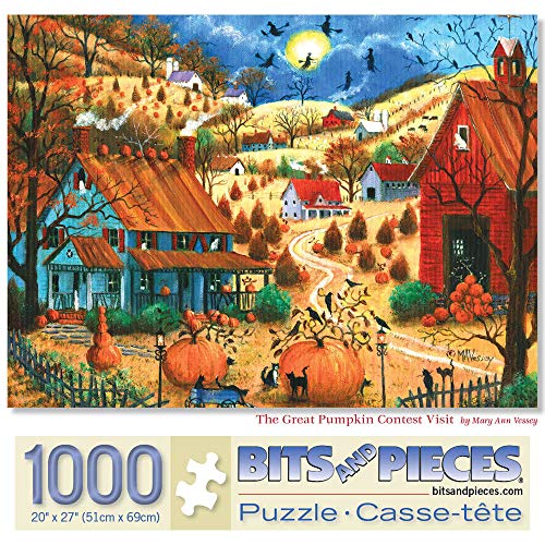 Bits and Pieces – 1000 Piece Jigsaw Puzzle for Adults – The Great Pumpkin Contest Visit - Jigsaw Puzzle Fall Autumn Country Farm Halloween Witch Moon by Artist Mary Ann Vessey