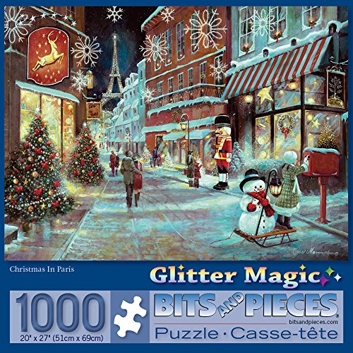 Bits and Pieces 1000 Piece Puzzles for Adults - Christmas in Paris with Glitter Effects - Large 20" x 27" Jigsaw Puzzles 1000 Pieces Glitter Paris Street Christmas, No 2 Pieces Alike