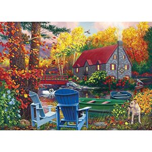 Bits and Pieces – 500 Piece Jigsaw Puzzle for Adults – by The Lake in The Fall - Autumn Leaves Cabin Dog Tree Row Boats Forest Nature Jigsaw Puzzle by Artist Chantal Candon