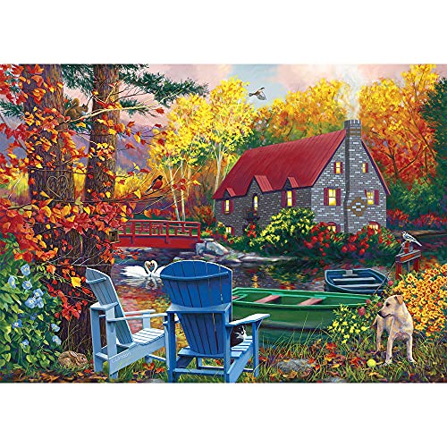 Bits and Pieces – 500 Piece Jigsaw Puzzle for Adults – by The Lake in The Fall - Autumn Leaves Cabin Dog Tree Row Boats Forest Nature Jigsaw Puzzle by Artist Chantal Candon