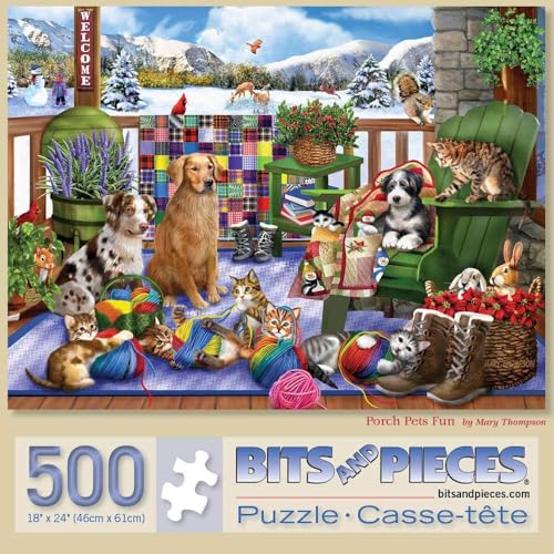 Bits and Pieces – 500 Piece Jigsaw Puzzle for Adults – Porch Pets Fun - Winter Dog Cat Yarn Jigsaw Puzzle by Artist Mary Thompson, Completed Puzzle Size: 18" x 24"