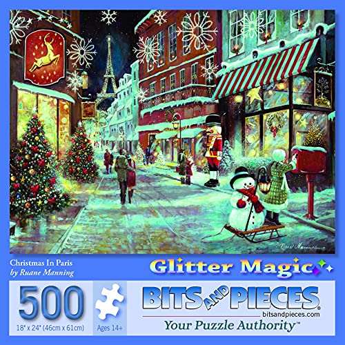 Bits and Pieces 500 Piece Puzzles for Adults - Christmas in Paris with Glitter Effects - Large 18" x 24" Jigsaw Puzzles 500 Pieces Glitter Paris Street Christmas, No 2 Pieces Alike