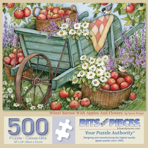 Bits and Pieces 500 Piece Puzzles for Adults - Wheel Barrow with Apples and Flowers - Large 18" x 24" Jigsaw Puzzles 500 Pieces Country Rustic Americana, No 2 Pieces Alike