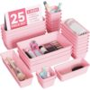BiuLeon 25 PCS Plastic Drawer Organizers Set, 4-Sizes Vanity and Makeup Organizer, Desk and bathroom Drawer Organizer Trays, Organizers and Storage for Makeup, Jewelry, Gadgets, Utensils (Pink)