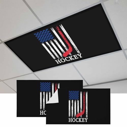 Black American Flag Magnetic Fluorescent Light Covers for Ceiling Lights 2x4 Ft,Abstract Red Hockey Stripes Us Flag Office Kitchen Drop Ceiling Light Covers Lighting Filters Shade Panel 2 Packs