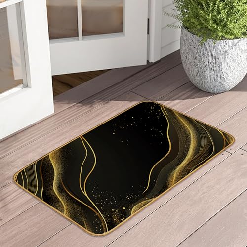 Black Gold Marble Indoor Outdoor Door Mat,Abstract Front Floor Mat Non-Slip Absorbent Low-Profile Washable Inside Entrance,Linen Sturdy Soft Entry Doormat for Entryway
