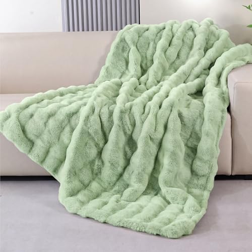 BlanketSolution Sage Green Faux Fur Throw Blanket for Couch, Double-Sided Bubble Textured Plush Blanket with Soft Flannel Back, Decorative Throw for Sofa or Bed, Machine Washable, 50 x 60, 860 GSM