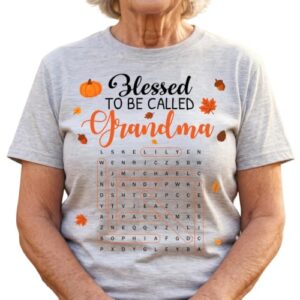 Blessed to Be Called Grandma - Personalized Autumn Themed T-Shirt, Mom Pumpkin Halloween Tee with Kids Name, Nana Crossword Puzzle T-Shirt, Grandma Gift for Halloween, Mom Fall Themed Birthday Gift