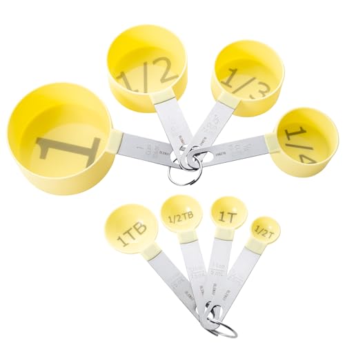 BLEWAY Easy to Read Measuring Cups & Spoons Set for Visually Impaired, Stackable Cups and Spoons, Nesting Measure Cups with Stainless Steel Handle (Yellow)