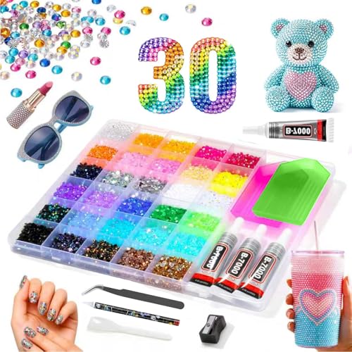 Bling Kit for Crafts, 30 Colors 3mm Flat Back Rhinestones with 4 B7000 Glue, Bedazzling Kit with Tweezers & Picker Tool for Phone Cases, Clothes, Nails, Tumblers & DIY Projects