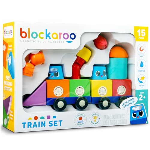 Blockaroo Magnetic Foam Building Blocks - 15-Piece Toy Train Set, Preschool Toys, Train Toys for Kids, Toddler Gifts, Sensory Blocks, Montessori Learning Toy for Boys and Girls Ages 2+