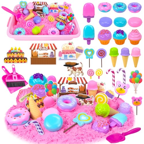 Bloolilies Sensory Bin, Ice Cream Sand Box Set with Magic Sand, Ice Cream Toys Molds and Cleaning Tools Sandbox with Lid Play Sand Art Kits for Kids Toddlers 3-8 Years Birthday Gift