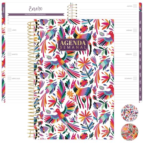 bloom daily planners UNDATED Spanish Calendar Year Day Planner - Passion/Goal Organizer - Start Anytime Monthly & Weekly Agenda Book with Tabs (January to December) - 5.5" x 8.25" - Otomi Embroidery