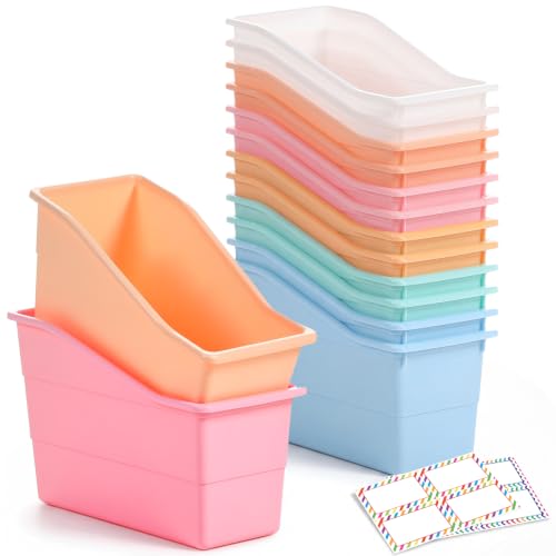 Blosssound 12 Set Book Bins for Classroom with Label Sticker Book Box Baskets Plastic Stackable Organizing Bins Storage & Organization for Classroom Library Home School Supplies (Cloud Pastel)