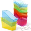 Blosssound 12 Set Book Bins for Classroom with Label Sticker Book Box Baskets Plastic Stackable Organizing Bins Storage & Organization for Classroom Library Home School Supplies (Translucent Colorful)