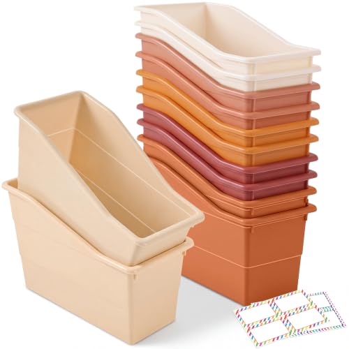Blosssound 12 Set Book Bins for Classroom with Label Sticker Book Box Baskets Plastic Stackable Organizing Bins Storage & Organization for Classroom Library Home School Supplies (Earth Tones)