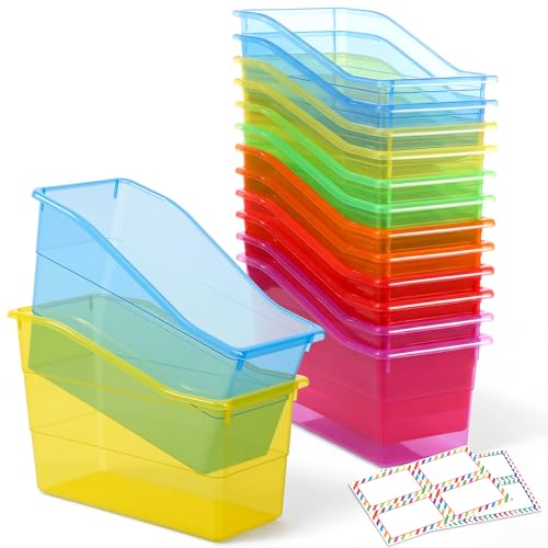 Blosssound 12 Set Book Bins for Classroom with Label Sticker Book Box Baskets Plastic Stackable Organizing Bins Storage & Organization for Classroom Library Home School Supplies (Translucent Colorful)
