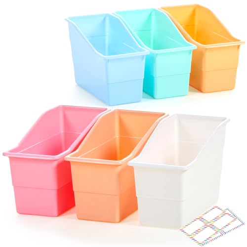 Blosssound 6 Set Book Bins for Classroom with Label Sticker Book Box Baskets Plastic Stackable Organizing Bins Storage & Organization for Classroom Library Home School Supplies (Cloud Pastel)