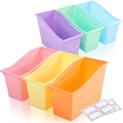 Blosssound 6 Set Book Bins for Classroom with Label Sticker Book Box Baskets Plastic Stackable Organizing Bins Storage & Organization for Classroom Library Home School Supplies (Pastel)