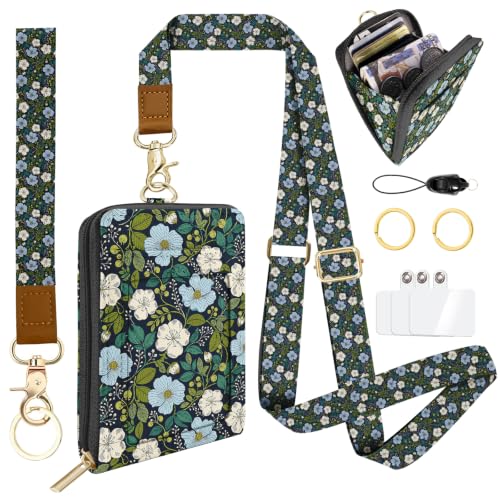Blue Daisy Lanyard Wallet with ID Card Holder,Small Wallet for Women with Zipper Coin Pocket,Slim RFID Blocking ID Badge Holder Keychain,Travel Card Case with ID Window for Teacher Student Nurse Gifts