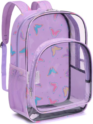 BLUEFAIRY Clear Backpack for Girls 17Inch School Book Bag Stadium Approved Heavy Duty PVC See Through Bag Large Transparent Bookbag for Kids Travel Work Events Mochilas Escolares para Niñas(Butterfly)