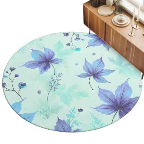 Blue Maple Leaf Washable Round Rug 6Ft Soft Non-Slip Round Area Rugs Fall Small Berry Stems Cottagecore Country Low File Circle Carpet for Dining Tables Bedroom Reading Nooks Living Room
