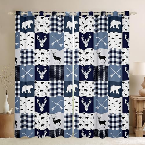 Blue Navy Grid Blackout Curtains,Deer Silhouette Window Curtains for Boys Girls,Bear Pattern Window Treatment Curtains Home Decor,Wild Animals Printed Darkening Drapes for Living Room Bedroom,42Wx63L