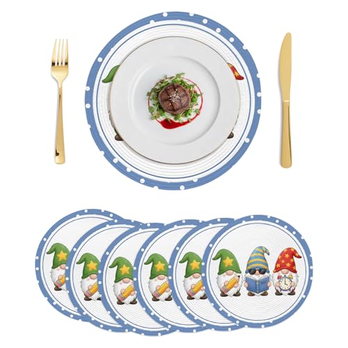 Blue Polka Dots Gnomes Round Placemats Set of 6 for Dinning Tables,Heat-proof Braided Table Mats 15 Inch,Pencils Book Clock Washable Place Mat for Kitchen Restaurant Party Decor Supplies Table Setting