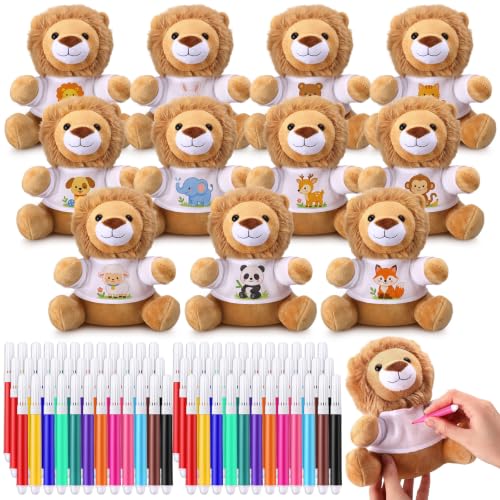 Blueweenly 128 Pcs Make Your Own Stuffed Animal Lion Kit Including 6 Inches Soft Lion Plush with White T Shirt and 12 Colors Pens for Birthday Favors Forest Party Crafting Gifts