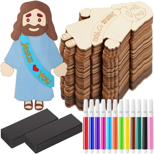 Blueweenly 24 Sets Jesus Figure Crafts DIY Wood Magnet for Kids Sunday School Vacation Bible School Craft Color Your Own Jesus Loves You with Magnets and Color Pens for Activity