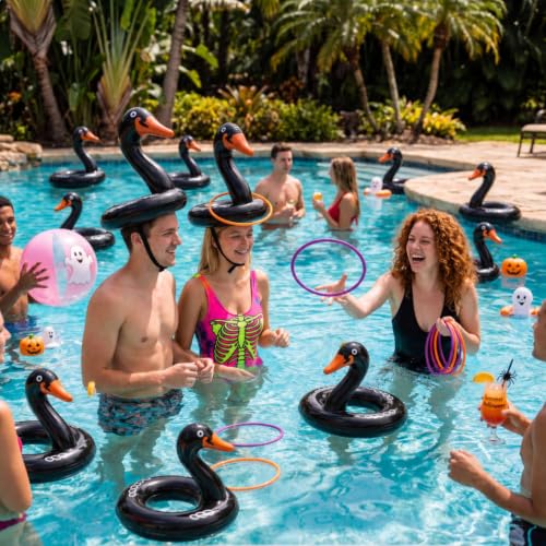 Blueweenly 6 Pack Halloween Inflatable Pool Ring Toss Games, Wearable Headwear Black Swan Water Floating Toys with Straps and 18 Rings for Fall Lawn Backyard Party Supplies Decorations for Adults