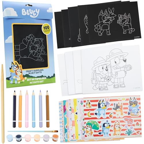 Bluey 4-in-1 Art Kit for Kids with Coloring Pages, Scratch Art, Watercolors, Stickers & Pencil, Fun DIY Craft Supplies Set, Gifts for Kids (Multi 4-in-1 Set)