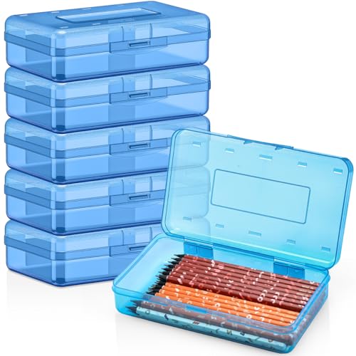 Blulu 6 Pack Large Plastic Pencil Case Box Clear Pencil Boxes Bulk Hard Crayon Box Storage with Snap Lids 8.1 x 4.7 x 2.2 Inch Painting Organizer Classroom Stationery School Supplies (Blue)