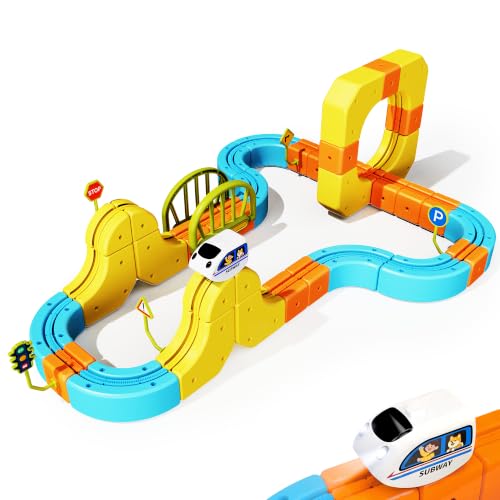Bluocean Electric Train Set, 3D STEM Anti-Gravity Race Track Toy, Snap-Fit Non-Magnetic Rail Cube Building Blocks, DIY Construction Playset for Kids Boys Girls 3+, Upgrade 127PCS
