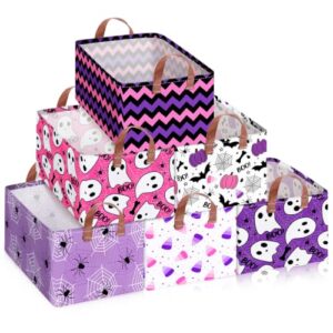 Boao 6 Pack Halloween Storage Baskets Collapsible Large Scary Halloween Storage Bins with Handles for Gifts Bat Ghost Purple Background Spider Organizer Box for Room Decor Home Bedroom Office Holiday