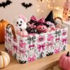 Boao Halloween Storage Basket Large Pink Bow Collapsible Bin with Handle Coquette Cute Fabric Storage Basket Organize with Ghost Leopard Print Bow Bat Pumpkin Witch Hat Design for Shelf Room Decor