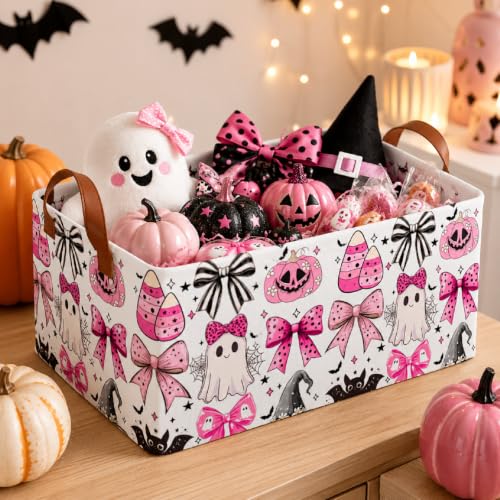 Boao Halloween Storage Basket Large Pink Bow Collapsible Bin with Handle Coquette Cute Fabric Storage Basket Organize with Ghost Leopard Print Bow Bat Pumpkin Witch Hat Design for Shelf Room Decor