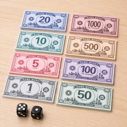 Board Game Currency Set with 560 Bills and 2 Dice, 8 Color-Coded Values from 1 to 1000, Educational Game Currency for Family Game Night, Trading Games and Classroom Activities (560 Bills + 2 Dice)
