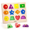 boby Wooden Shape Peg Puzzle - 12 Geometric Shapes Early Learning Toy for Toddlers, Preschool Educational Shape & Color Sorter with Knobs, Montessori Fine Motor Skill Toy for 1-3 Year Old Boys & Girls