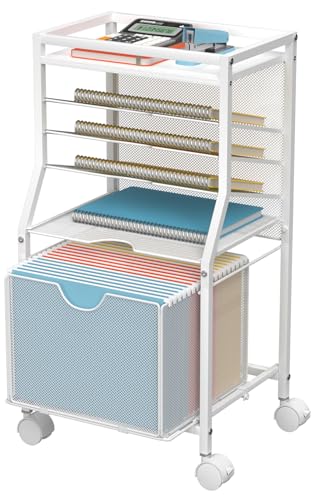 BOHDK Rolling File Cart, 6-Tier Desk File Organizer on Lockable Wheels, White Wood Planks & Mesh Sliding Hanging Folder Drawer, Organization Cart for Office Home School