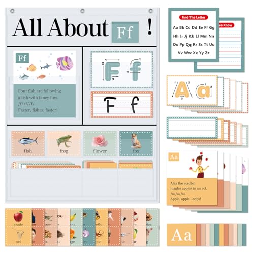 BOHEMIABY All About Letters Pocket Chart with 99 ABC Flash Cards, Letter of The Day/Week Daypocket Chart, Letter Tracing Learning Educational Wall Chart Preschool Classroom Homes, 34" X 27"White