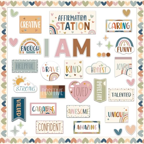 BOHO Affirmation Station Bulletin Board Set Motivational Posters for Classroom Decors I Am Positive Affirmations Accent Cutouts Inspirational Rainbow Bulletin Board for Home School Teacher Wall Supply