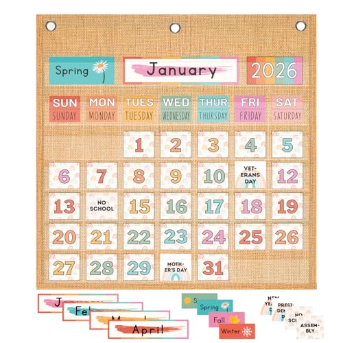 Boho Classroom Calendar Pocket Chart – All-in-One Kids Calendar Wall Set with 100+ Cards, Toddler Calendars for Preschool, Kindergarten, Homeschool, Learning Circle Time Essential Teaching Tool