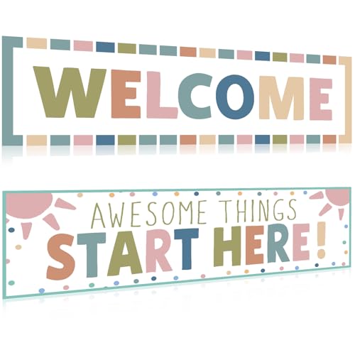 Boho Welcome Classroom Decorations Colorful Rainbow Awesome Things Start Here Bulletin Board Decor Pastel Welcome Banner Poster for Pre Elementary Middle School Wall Signs Supplies Teachers Kids