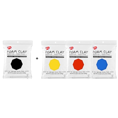 BOHS Black Modeling Foam Clay+Primary Foam Clay (Red,Blue,Yellow), Squishy,Soft, Air Dry -for School Project,Cosplay,Fake Bake, Slime Supplies